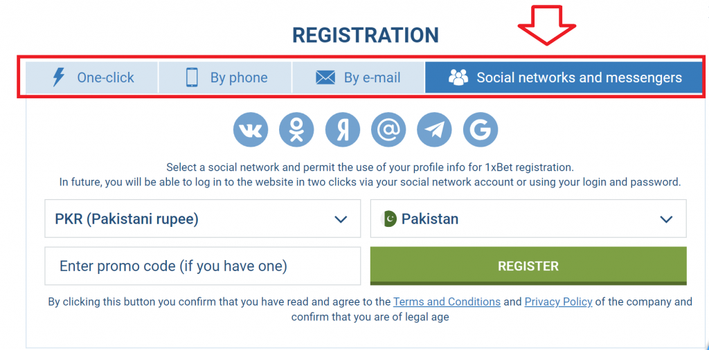 1xBet registration via social media account